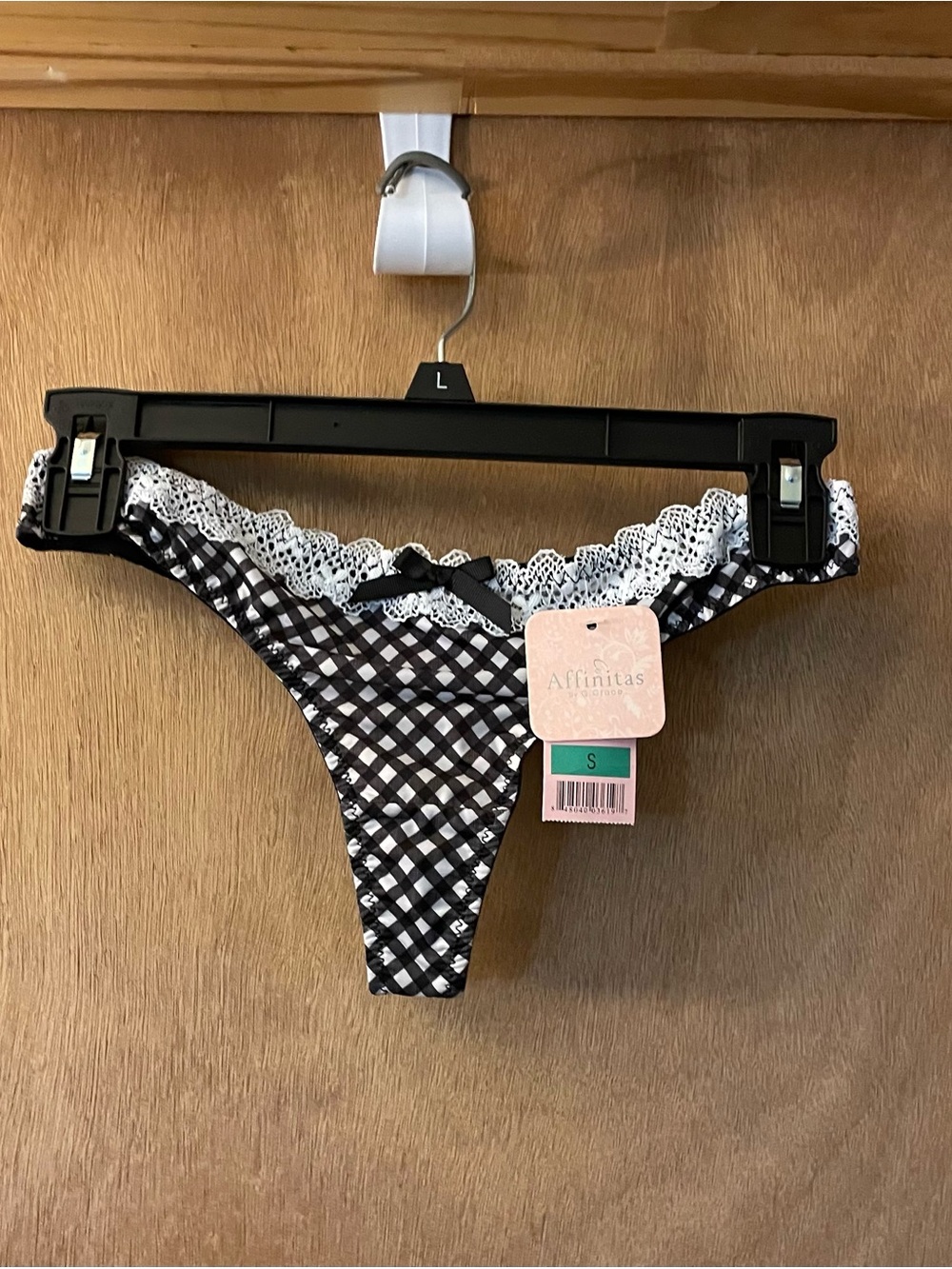 Affinitas Black & White Gingham Lace-Trim Thong